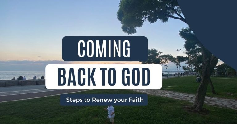 image of a park at sunset and a child playing with the text coming back to God over it
