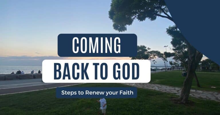 image of a park at sunset and a child playing with the text coming back to God over it